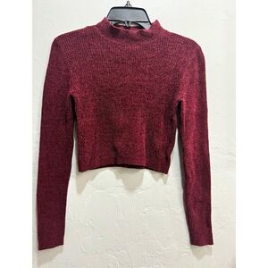 FOREVER 21 Women's Burgundy Mock Neck Knit Cropped Sweater Long Sleeve S